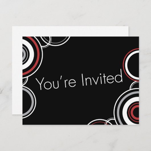 招待されました – 黒と赤の円 インビテーションポストカード (正面/裏面)