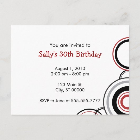 招待されました – 黒と赤の円 インビテーションポストカード (裏面)