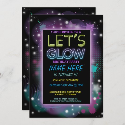 招待のネオンペンキの子供の誕生日のパーティーは光ろう 招待状 (正面/裏面)
