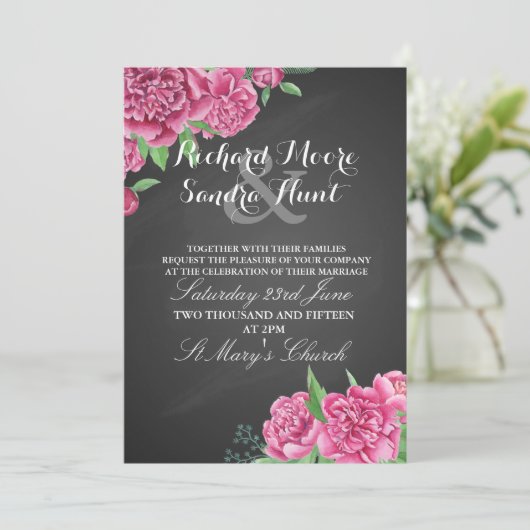 招待の花の黒板のシャクヤクのピンクの結婚 招待状 (スタンド正面)