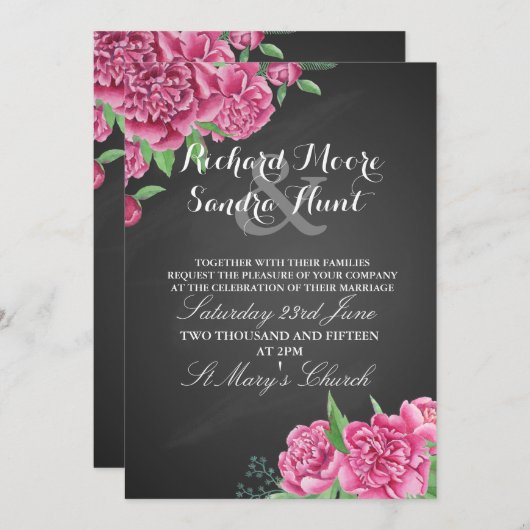招待の花の黒板のシャクヤクのピンクの結婚 招待状 (正面/裏面)