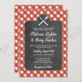 招待の赤いギンガムBBQのチョークの結婚 招待状 (正面/裏面)