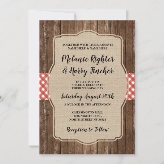 招待の赤いギンガムBBQのバーラップの結婚 招待状 (正面)