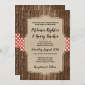 招待の赤いギンガムBBQのバーラップの結婚 招待状 (正面/裏面)