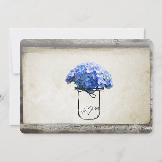 招待を結婚しているメーソンジャーの納屋の木製の青いアジサイ 招待状 (裏面)