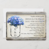 招待を結婚しているメーソンジャーの納屋の木製の青いアジサイ 招待状 (正面)