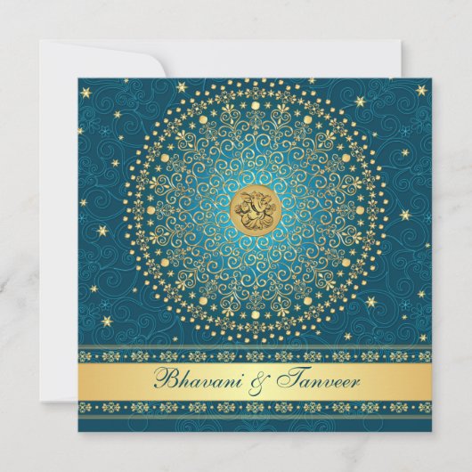 招待を結婚しているGaneshのヒンズー教のティール(緑がかった色)、金ゴールドスクロール 招待状 (正面)