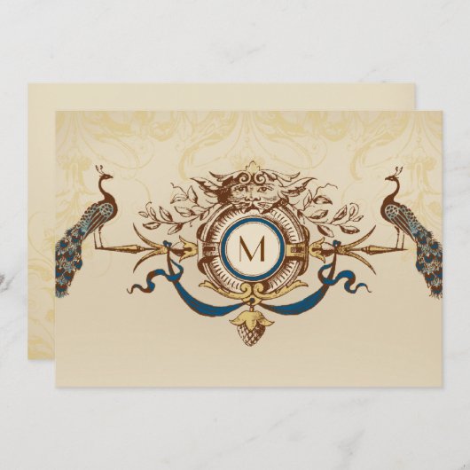 招待を結婚するエレガントな孔雀のモノグラムのヴィンテージ 招待状 (正面/裏面)