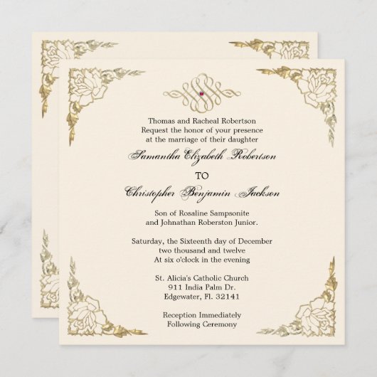 招待を結婚するエレガントな金アクセントの金ゴールド 招待状 (正面/裏面)