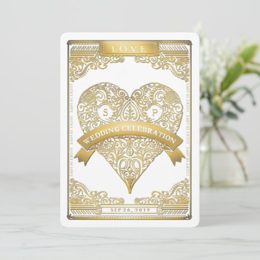 招待を結婚するカードハートを遊ぶ金ゴールド白いベガス 招待状 (スタンド正面)