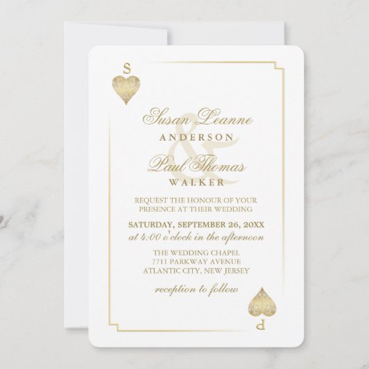 招待を結婚するカードハートを遊ぶ金ゴールド白いベガス 招待状 (裏面)