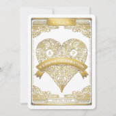 招待を結婚するカードハートを遊ぶ金ゴールド白いベガス 招待状 (正面)