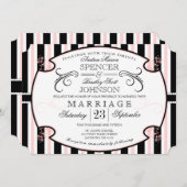 招待を結婚するピンクおよび黒のストライプのなタイポグラフィ 招待状 (正面/裏面)