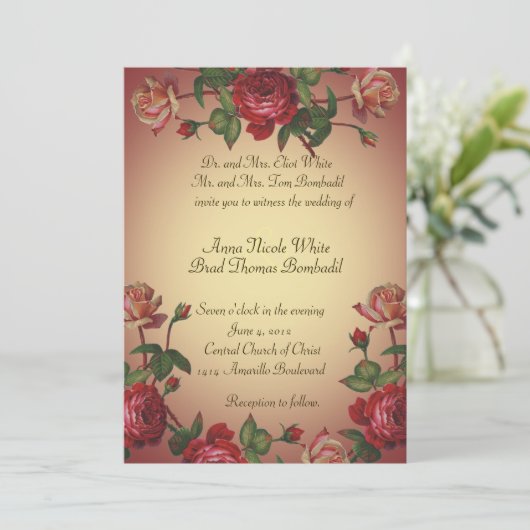 招待を結婚するラズベリーのビクトリア時代の人のばら色のヴィンテージ 招待状 (スタンド正面)