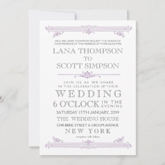 招待を結婚するヴィンテージのすみれ色のモロッコのタイポグラフィ 招待状 (正面)