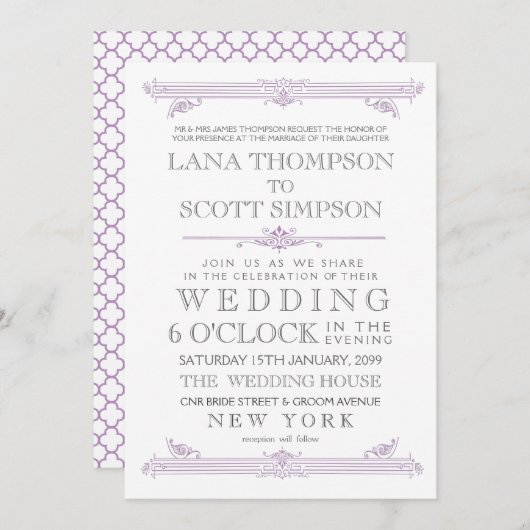 招待を結婚するヴィンテージのすみれ色のモロッコのタイポグラフィ 招待状 (正面/裏面)
