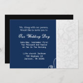 招待を結婚する濃紺及び白のヴィンテージ 招待状 (正面/裏面)