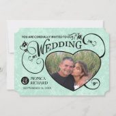 招待を結婚する真新しい緑及び黒い写真のハート 招待状 (正面)