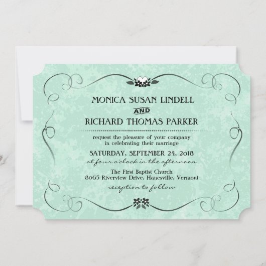 招待を結婚する真新しい緑及び黒い写真のハート 招待状 (裏面)