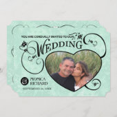 招待を結婚する真新しい緑及び黒い写真のハート 招待状 (正面/裏面)
