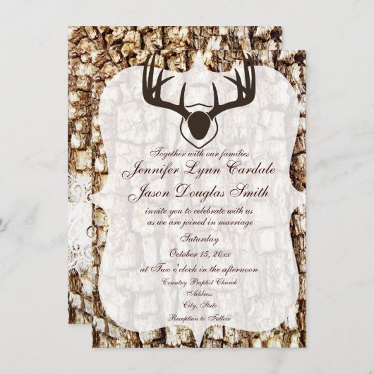 招待を結婚する素朴な国の迷彩柄の狩りの(雄ジカの)枝角 招待状 (正面/裏面)