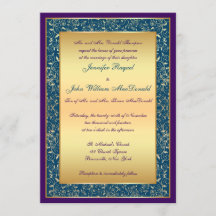 招待を結婚する紫色のティール（緑がかった色）の金ゴールドの華美なスクロール