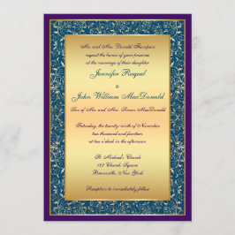 招待を結婚する紫色のティール（緑がかった色）の金ゴールドの華美なスクロール 招待状