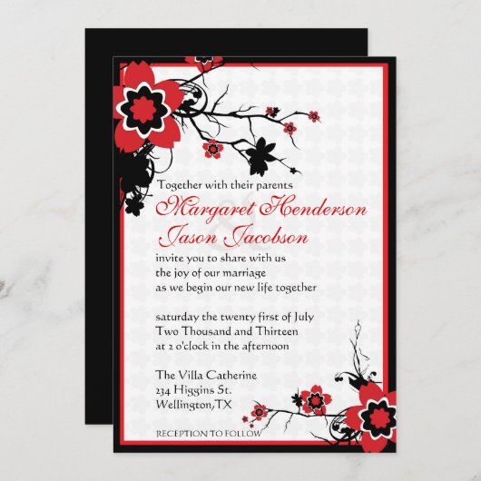 招待を結婚する赤く及び黒い桜の桜 招待状 (正面/裏面)
