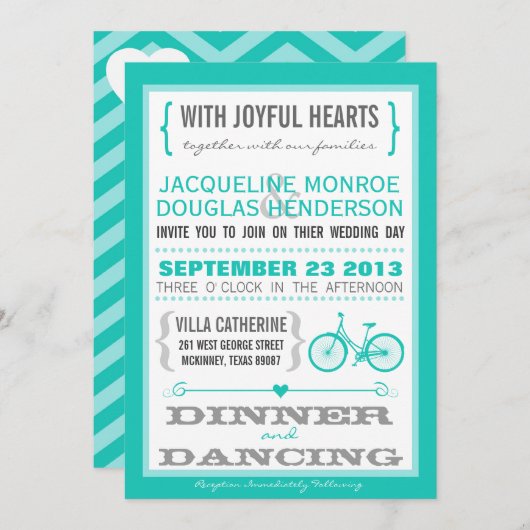 招待を結婚する青いシェブロンの粋な自転車のハート 招待状 (正面/裏面)