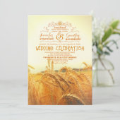 招待を結婚する黄色い小麦畑の素朴なヴィンテージ 招待状 (スタンド正面)