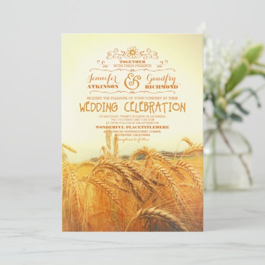 招待を結婚する黄色い小麦畑の素朴なヴィンテージ 招待状 (スタンド正面)