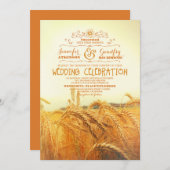 招待を結婚する黄色い小麦畑の素朴なヴィンテージ 招待状 (正面/裏面)