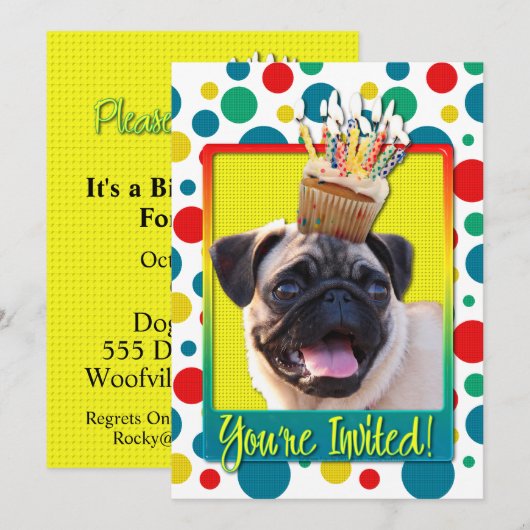 招待カップケーキ - パグ 招待状 (正面/裏面)