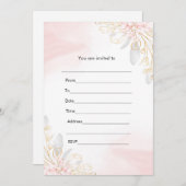 招待ピンクの金ゴールドフローラの水色を入力 招待状 (正面/裏面)