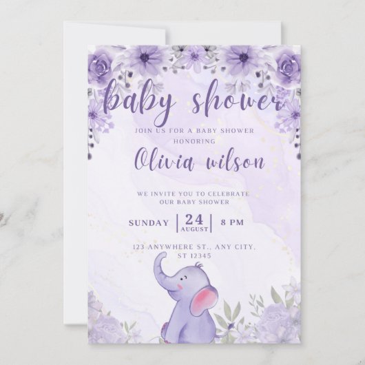 招待ベビーシャワーパープルゾウの花 シーズンカード (正面)