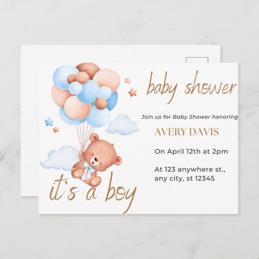 招待ベビーシャワー、それは男の子だ 案内ポストカード (正面/裏面)
