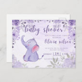 招待ベビーシャワー、紫色の象の花 ポストカード (正面/裏面)