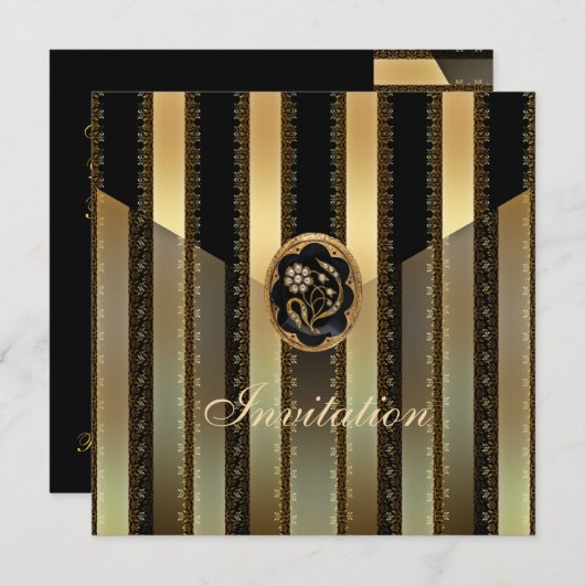招待状すべての行事ブラック金ゴールドストライプ 招待状 (正面/裏面)