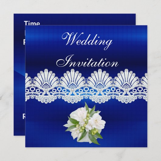 招待状すべての行事ブルーホワイトレースフローラ 招待状 (正面/裏面)