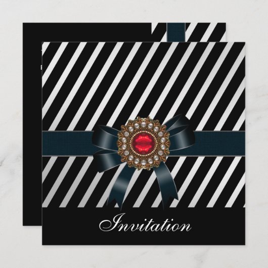 招待状すべての行事白黒ストライプレッドジェ 招待状 (正面/裏面)