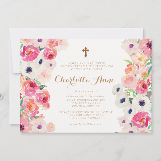 招待状に洗礼を施している白いケシ及びピンクのバラ 招待状 (正面)