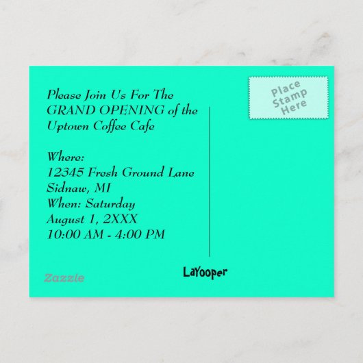 招待状のオープン喫茶店のカフェの郵便はがき インビテーションポストカード (裏面)