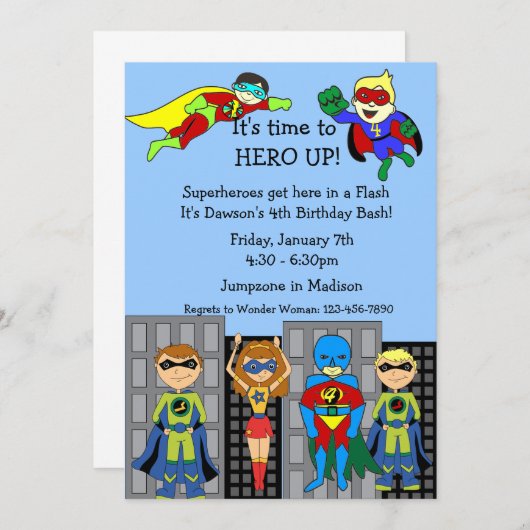 招待状の上のスーパーヒーローの英雄 招待状 (正面/裏面)