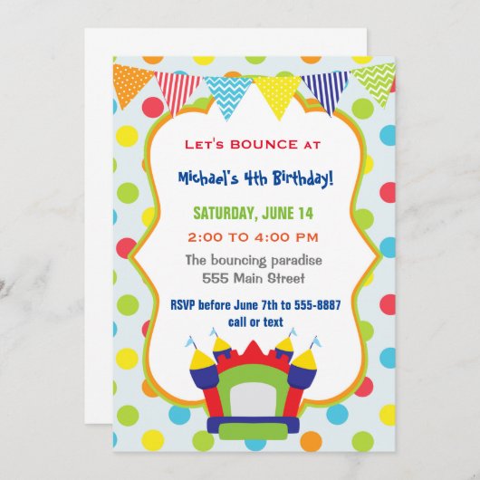 招待状の子供の誕生日のパーティーの跳ね上がりを跳ねること 招待状 (正面/裏面)