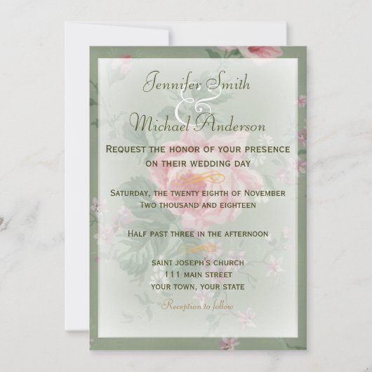 招待状の緑及びピンクのばら色のシンプルな結婚式 招待状 (正面)