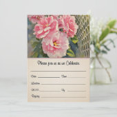 招待状の表と裏に美しいピンクのバラ 招待状 (スタンド正面)
