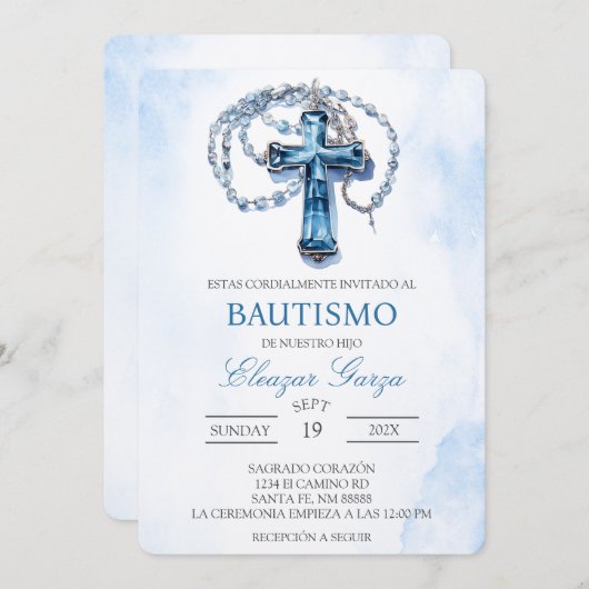 招待状の青い十字架のスペインの洗礼 招待状 (正面/裏面)