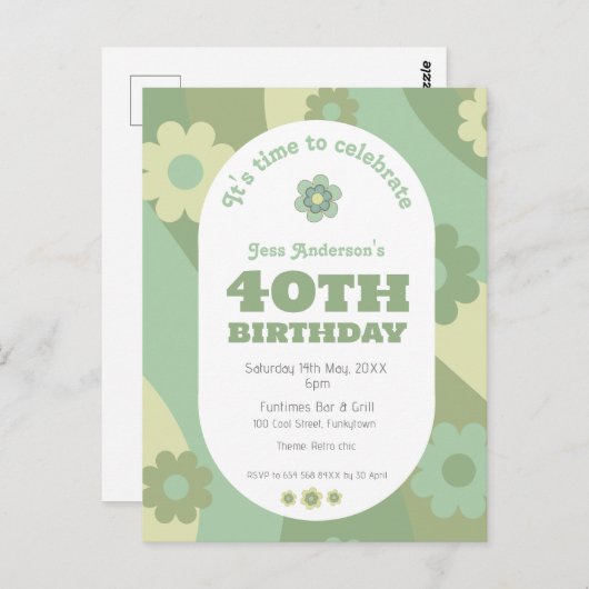 招待状はがきレトロセージ緑40歳の誕生日 ポストカード (正面/裏面)