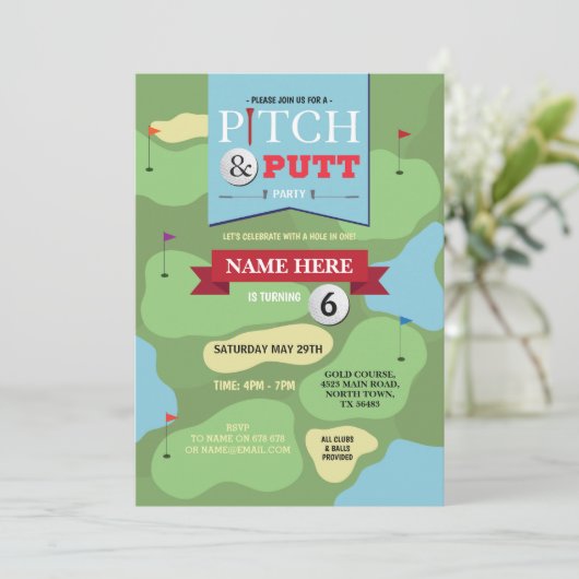 招待状をゴルフをするゴルフ誕生日のピッチ及びパットのおもしろい 招待状 (スタンド正面)
