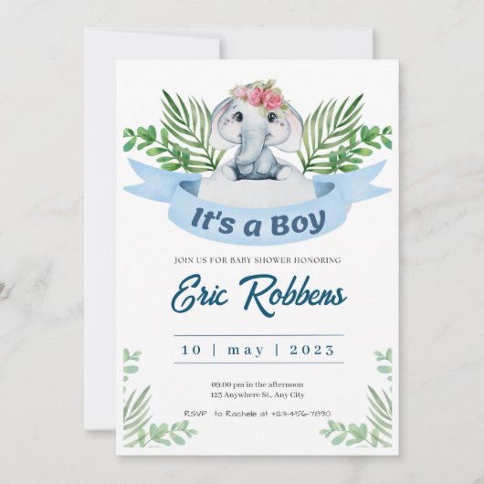招待状ウェルカム男の赤ちゃんシャワーエレファント 招待状 (正面)